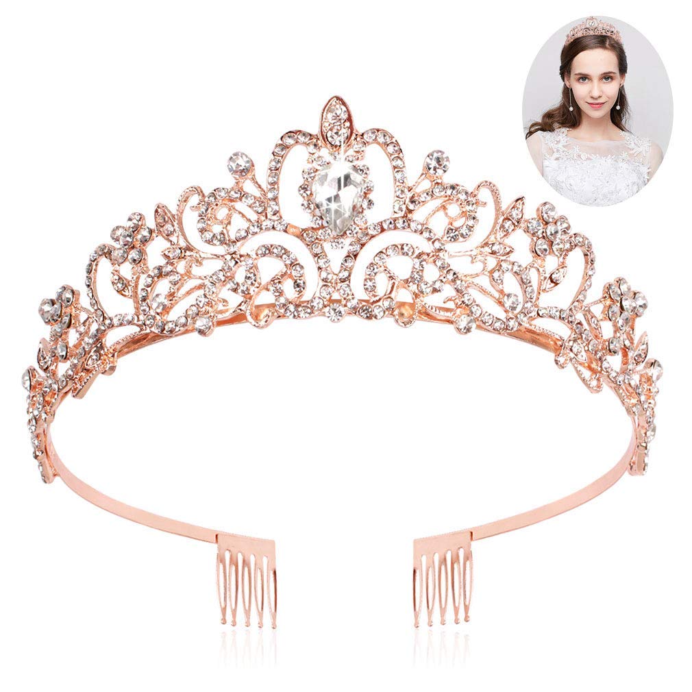 Araluky Rose Gold Tiaras and Crowns for Women Girls Jeweled Elegant Tiaras for Women Princess Crowns for Little Girls Rhinestone Crown with Combs Rose Gold Crown Wedding Tiara Hair Accessories for Wed
