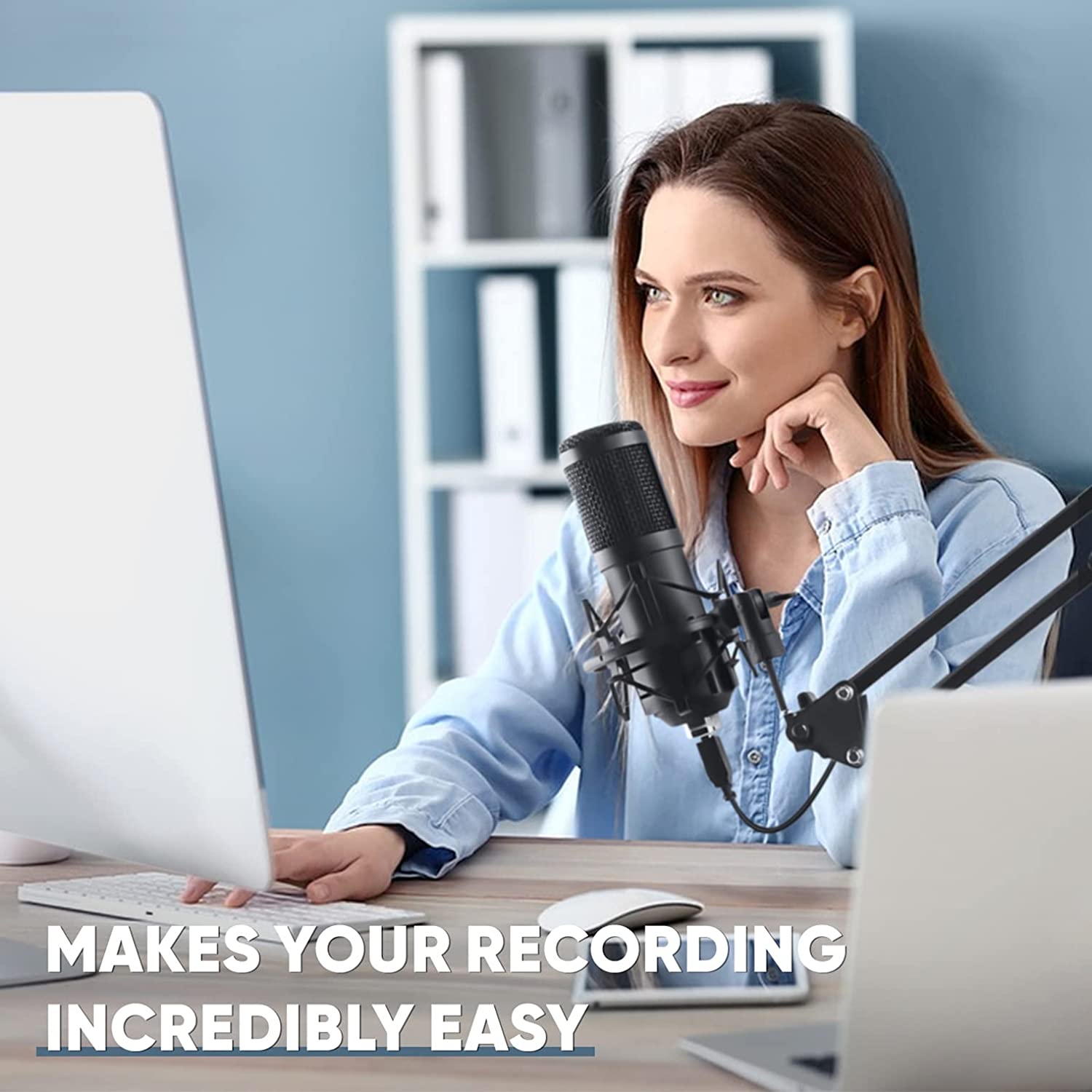 piolunth USB Microphone, Plug & Play 192kHz/24bit Cardioid Condenser Studio Mic Kit with Professional Sound Chipset Mount Pop Filte and Boom Arm for Recording, Gaming, Streaming, Podcast, Skype