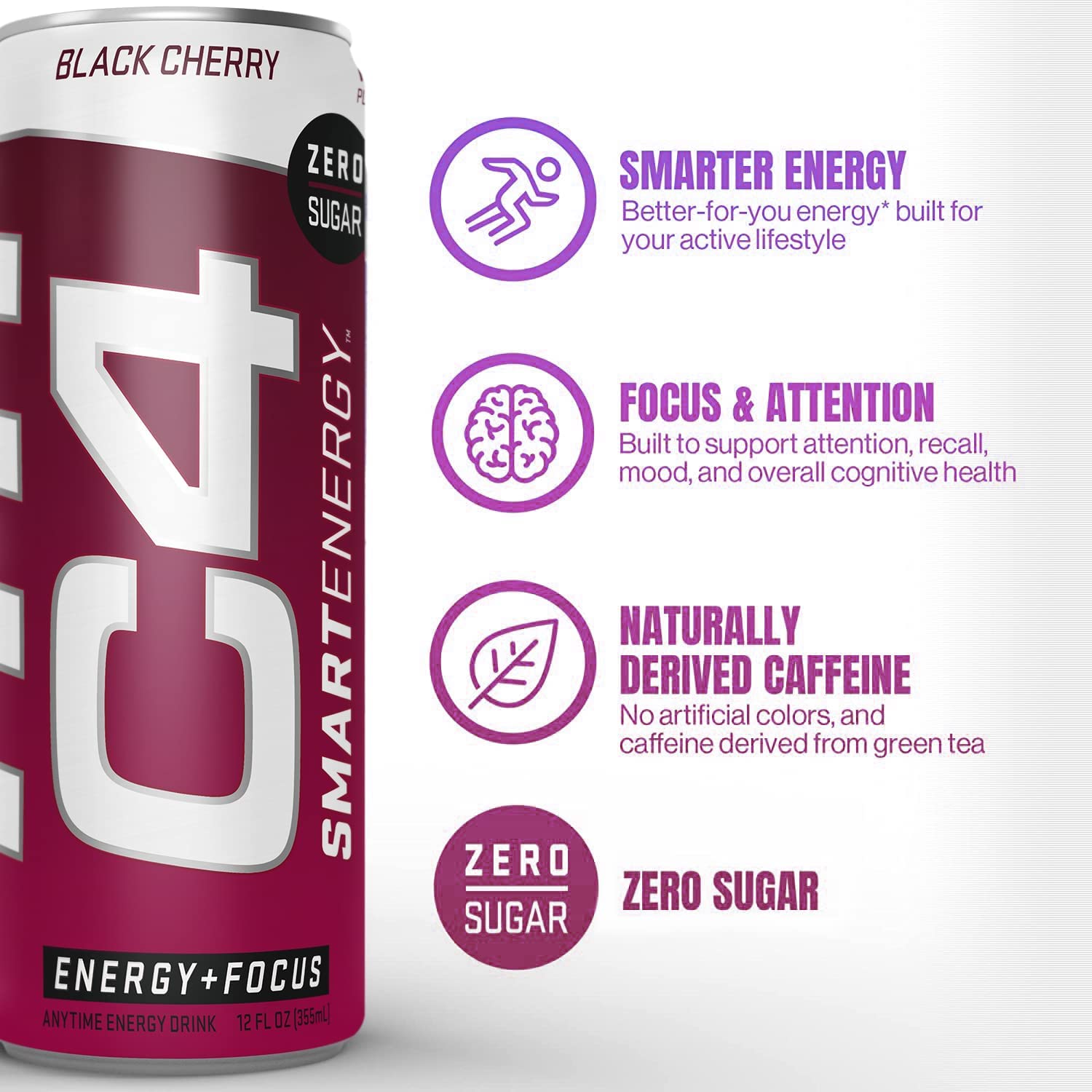 C4 Smart Energy Drink - Sugar Free Performance Fuel &amp; Nootropic Brain Booster， Coffee Substitute or Alternative | Black Cherry 12 Oz - 12 Pack