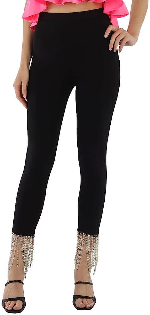 Burberry Ladies Black Crystal Fringe Detail Stretch Jersey Leggings