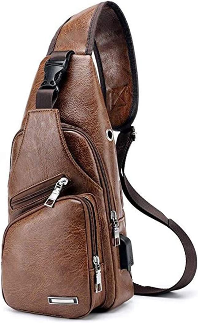 Men's Sling Bag Lightweight Waterproof Shoulder Crossbody Bag with USB Charging Port Brown