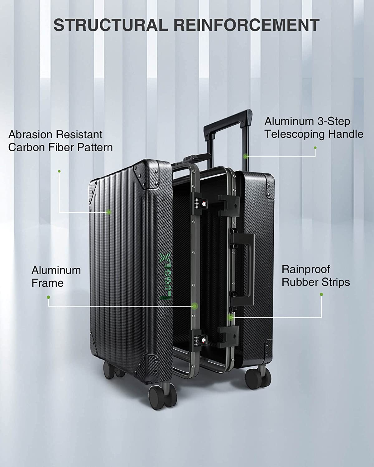 LUGGEX Aluminum Luggage Checked， 24 Inch No Zipper Luggage Metal Suitcase， Classy Carbon Fiber Pattern for Elegant Journey (Metal Suitcases with Wheels)