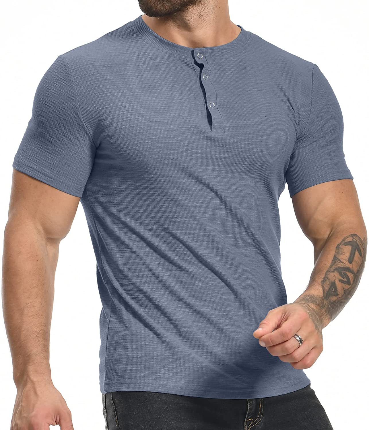 YTD Men's Muscle T Shirts Stretch Short Sleeve Workout Tee Casual Slim Fit Henley Shirt