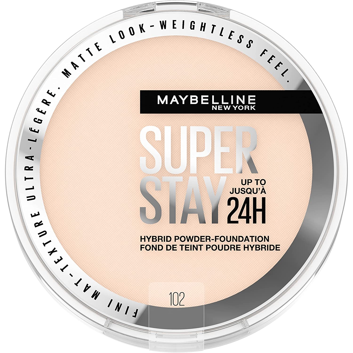 Maybelline Super Stay Up to 24HR Hybrid Powder-Foundation, Medium-to-Full Coverage Makeup, Matte Finish, 102, 1 Count