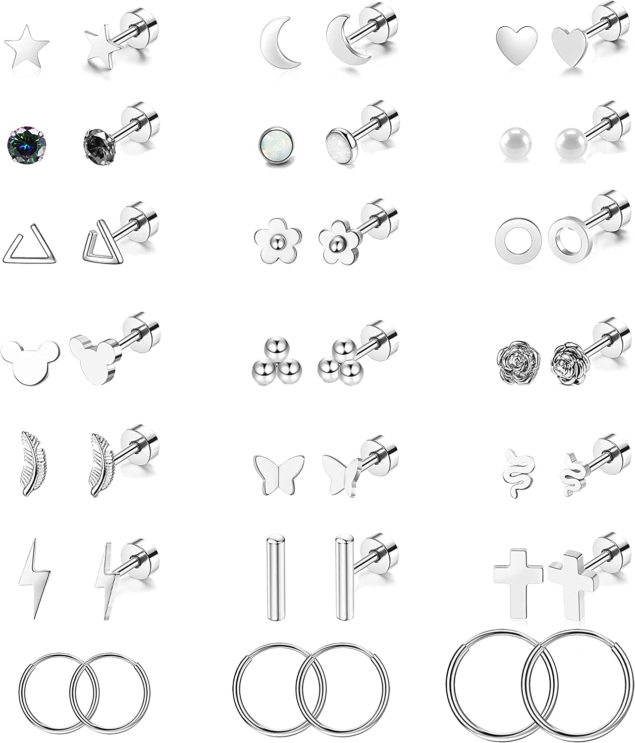 21 Pairs Stainless Steel Earrings Set for Women Men Star Moon flower Snake Leaf 20G Cartilage Earrings Set Hypoallergenic Flatback Earrings Piercing Jewelry
